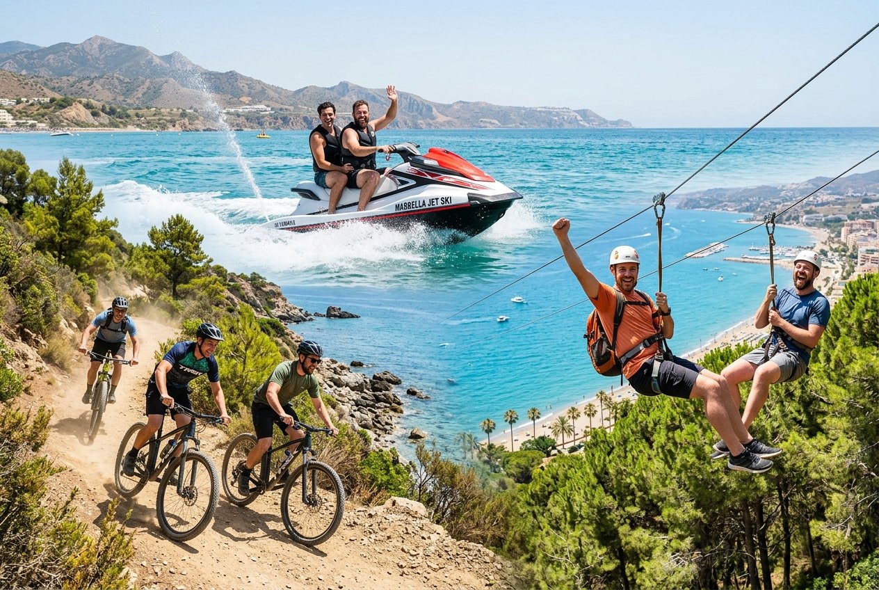 A group of men enjoying outdoor adventure activities like jet skiing, mountain biking, and zip-lining in a sunny coastal setting with palm trees and clear skies.