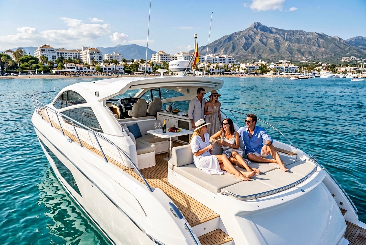 A modern yacht anchored near the Marbella coastline with people relaxing on deck and clear blue waters surrounding it.