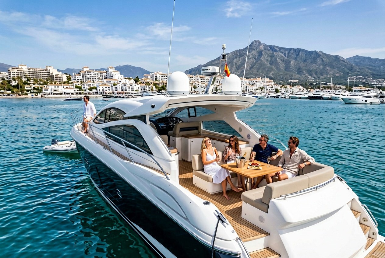 A modern yacht anchored near the Marbella coastline with people enjoying a boat charter on calm blue waters under a clear sky.